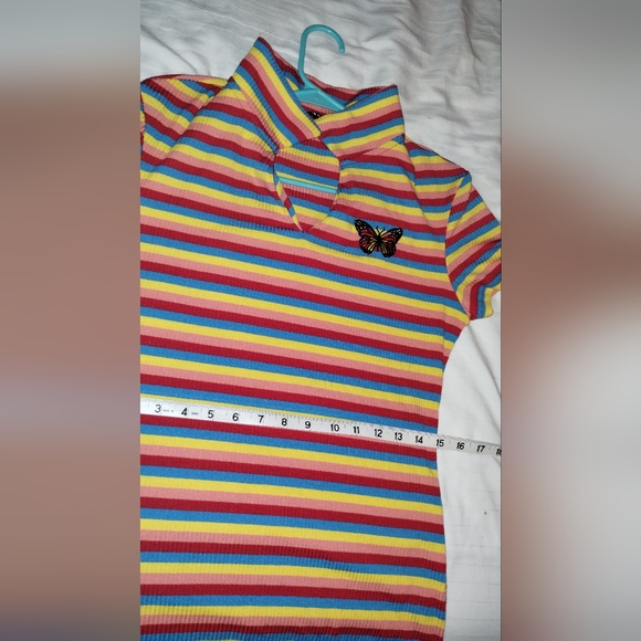 Rainbow Striped Bodycon Short Sleeve Dress with Butterfly Embroidery - Picture 5 of 10